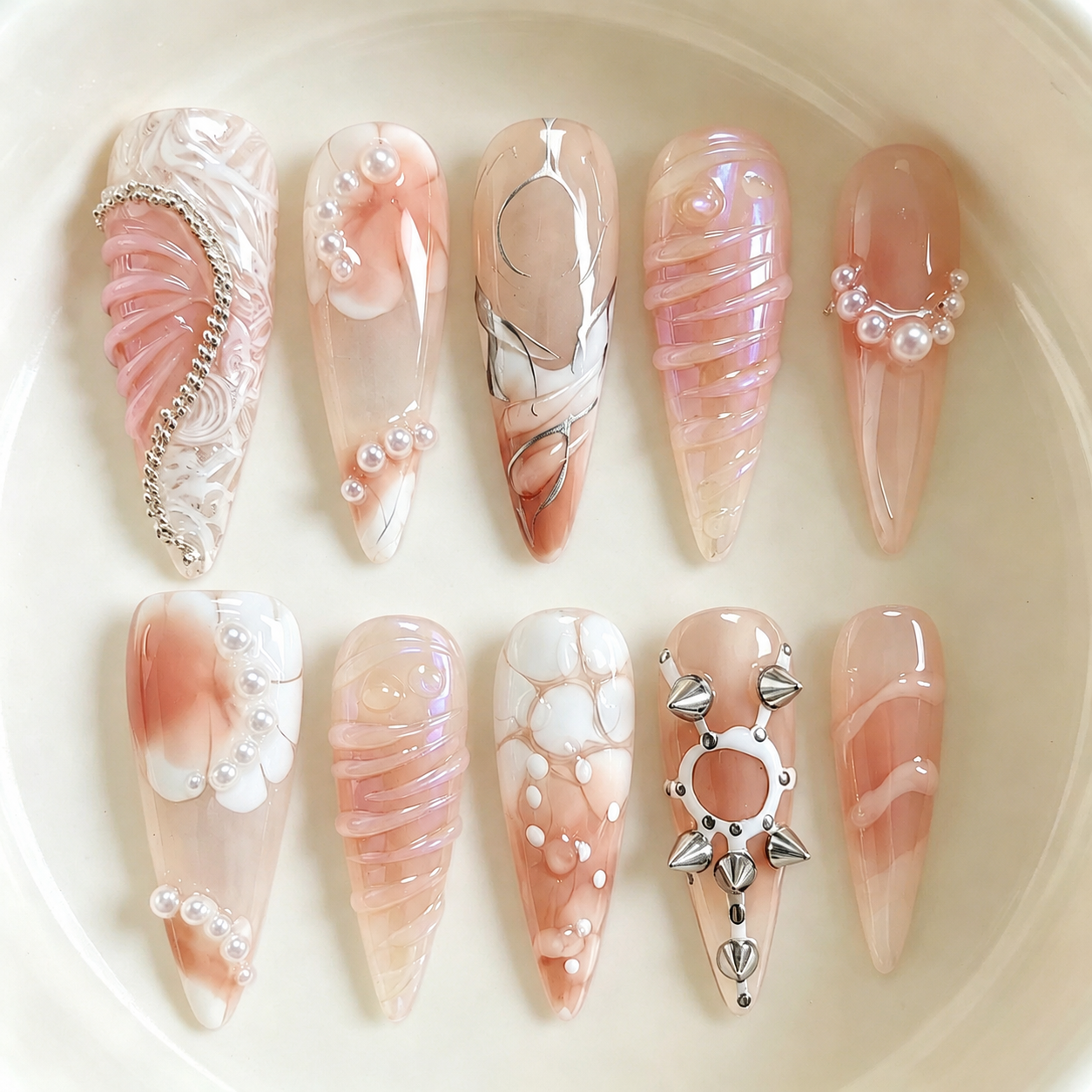 Handmade long Stiletto Nude Press On Nails Set, 3D Flower Pearl Embellished Nails-Pearl Hardware A004