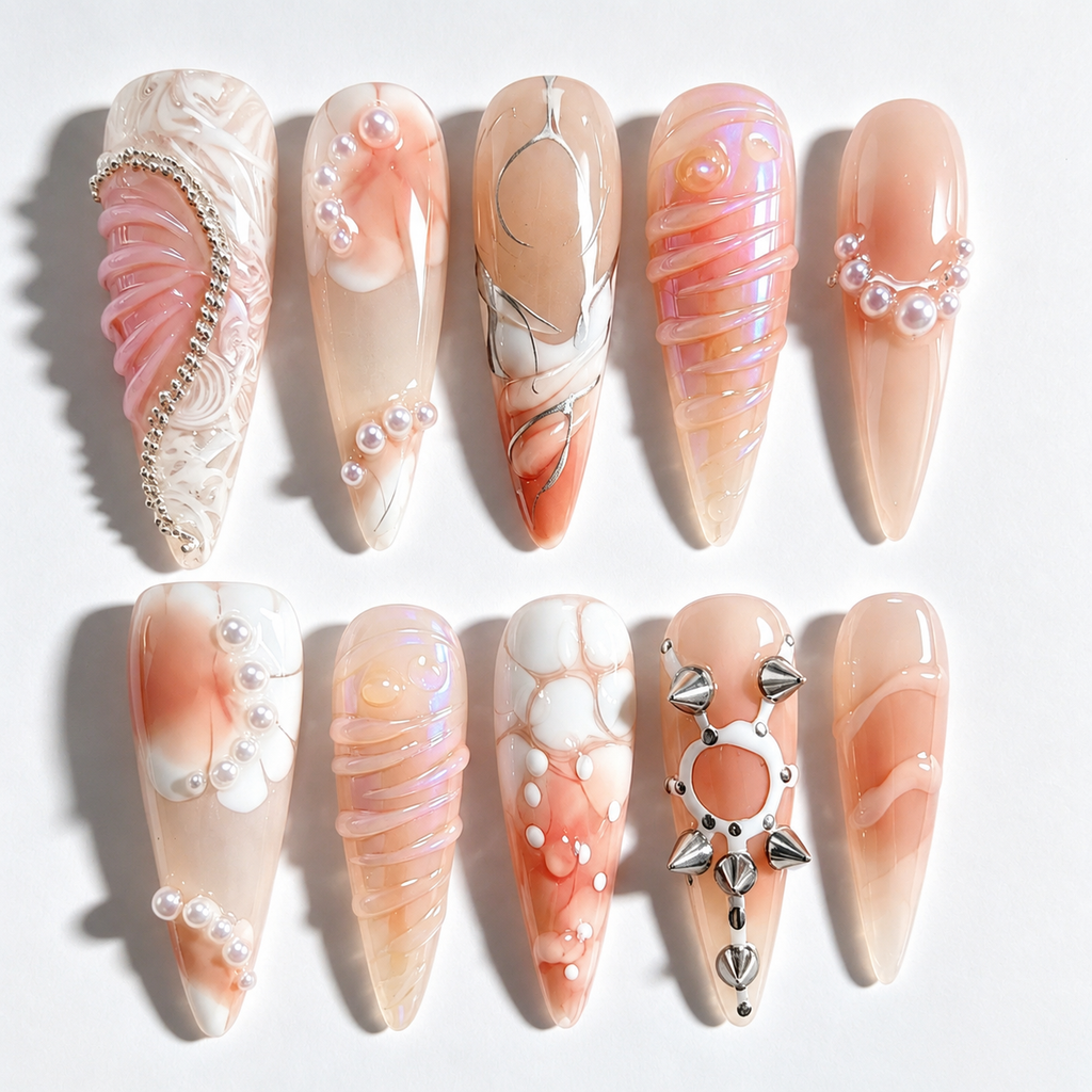 Handmade long Stiletto Nude Press On Nails Set, 3D Flower Pearl Embellished Nails-Pearl Hardware A004