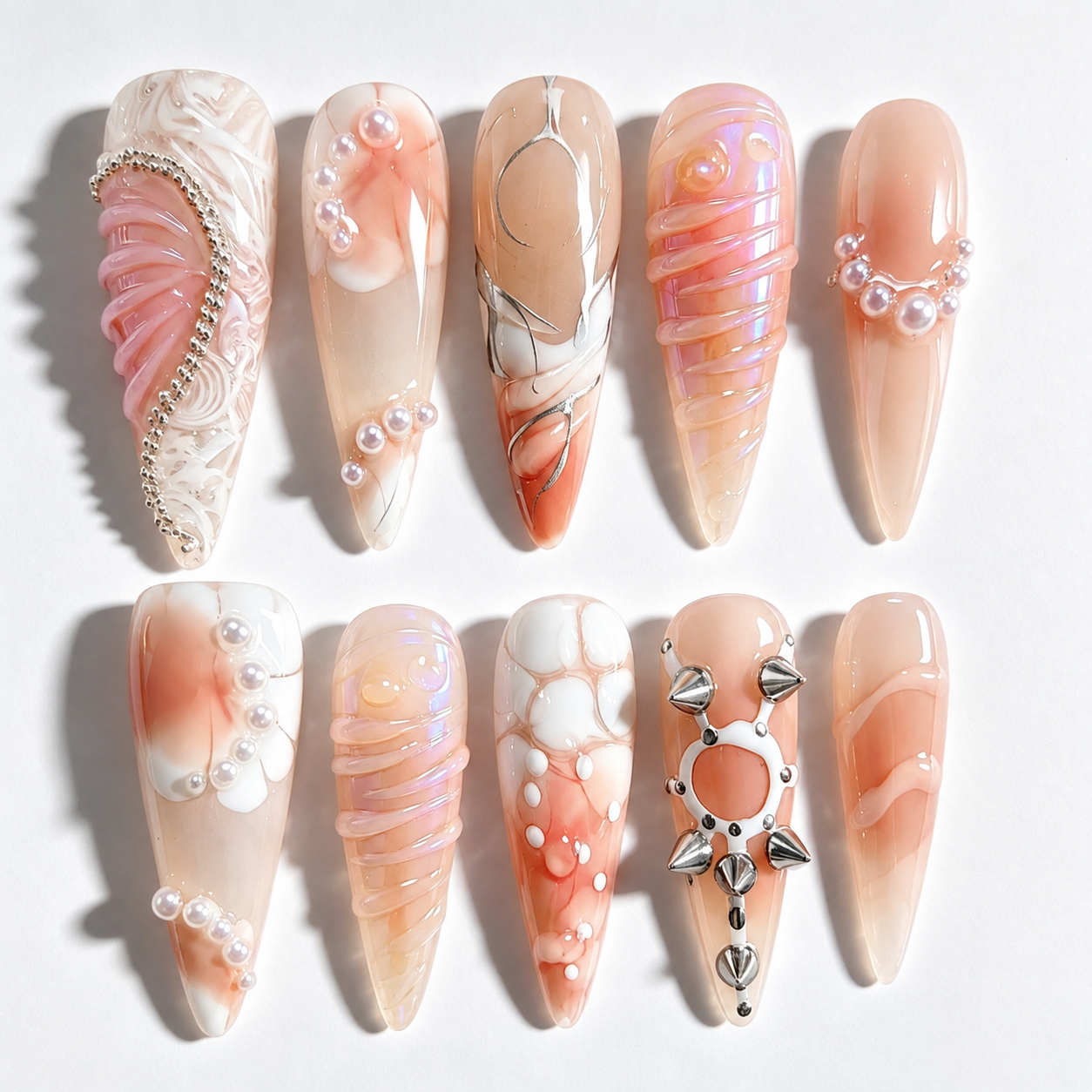 Handmade long Stiletto Nude Press On Nails Set, 3D Flower Pearl Embellished Nails-Pearl Hardware A004