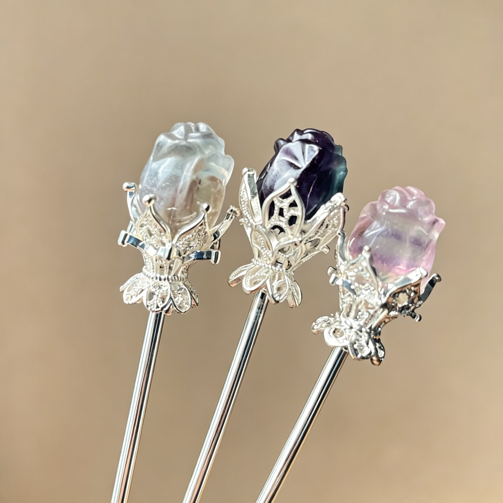 Rainbow fluorite clear quatz random rose flower hairpin carving-Silver C001