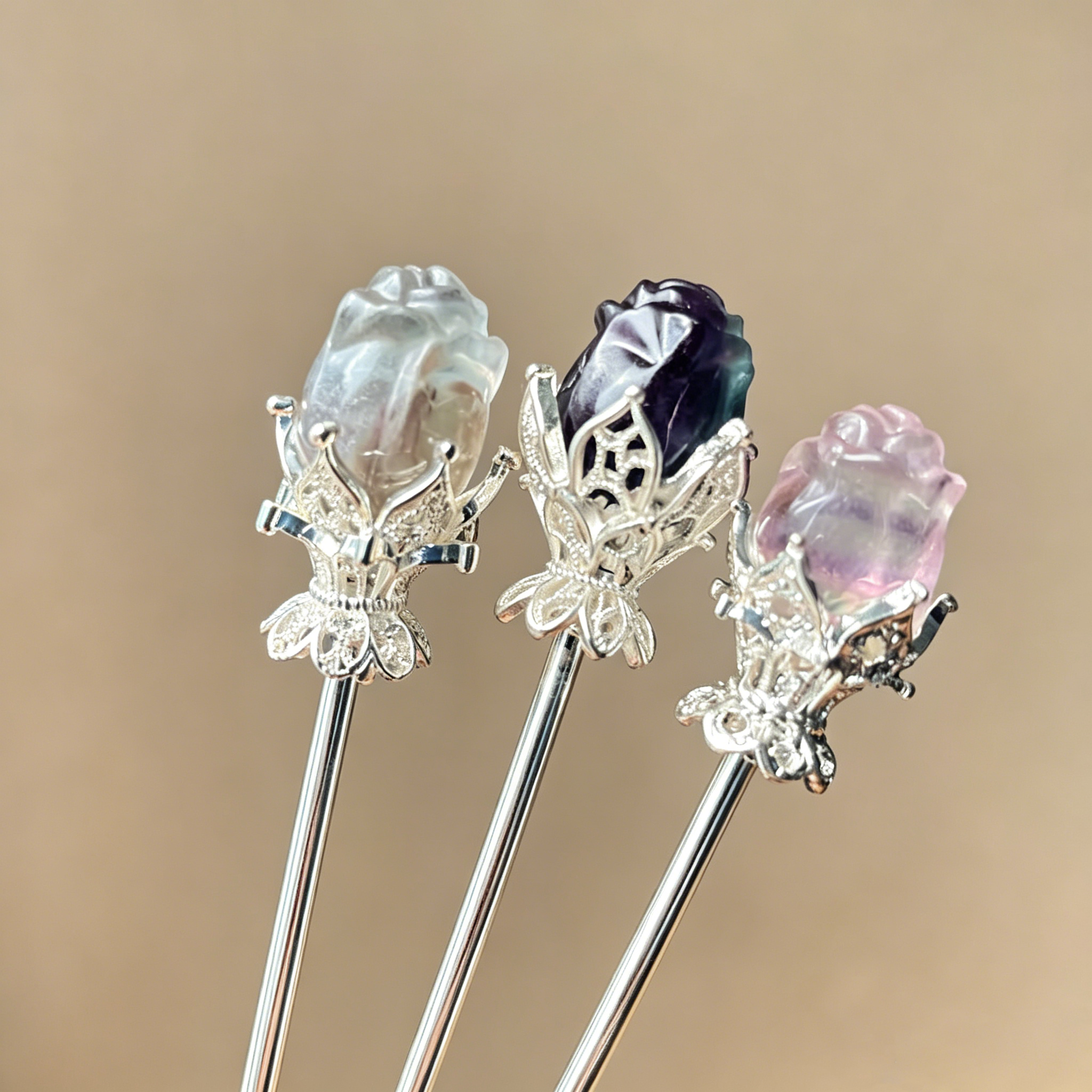 Rainbow fluorite clear quatz random rose flower hairpin carving-Silver C001