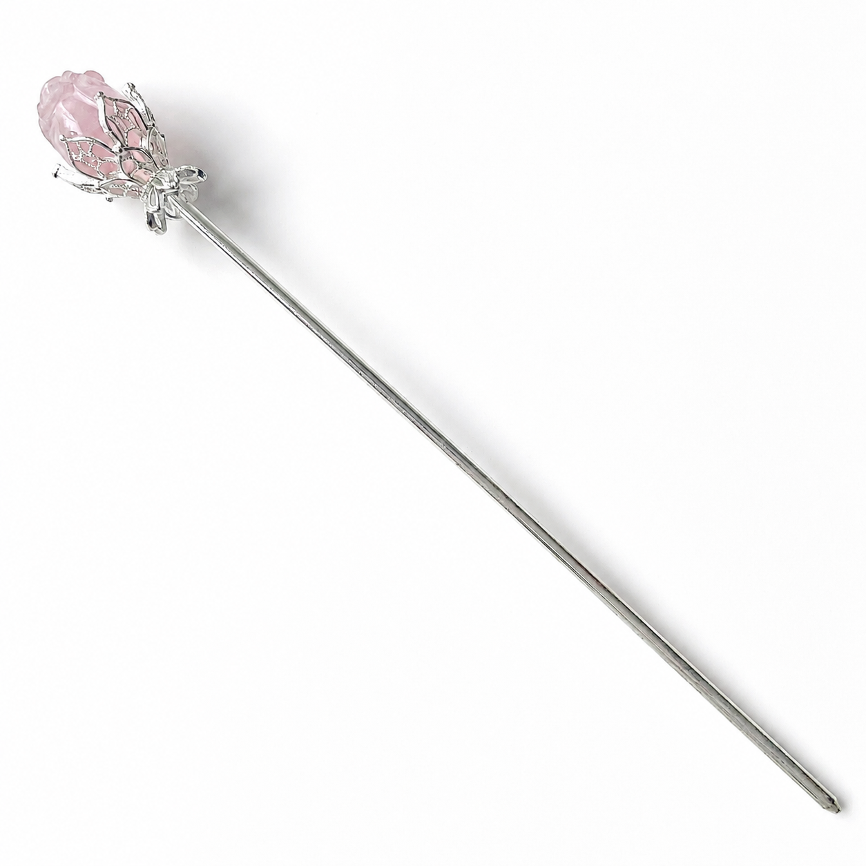 Rainbow fluorite clear quatz random rose flower hairpin carving-Silver C001