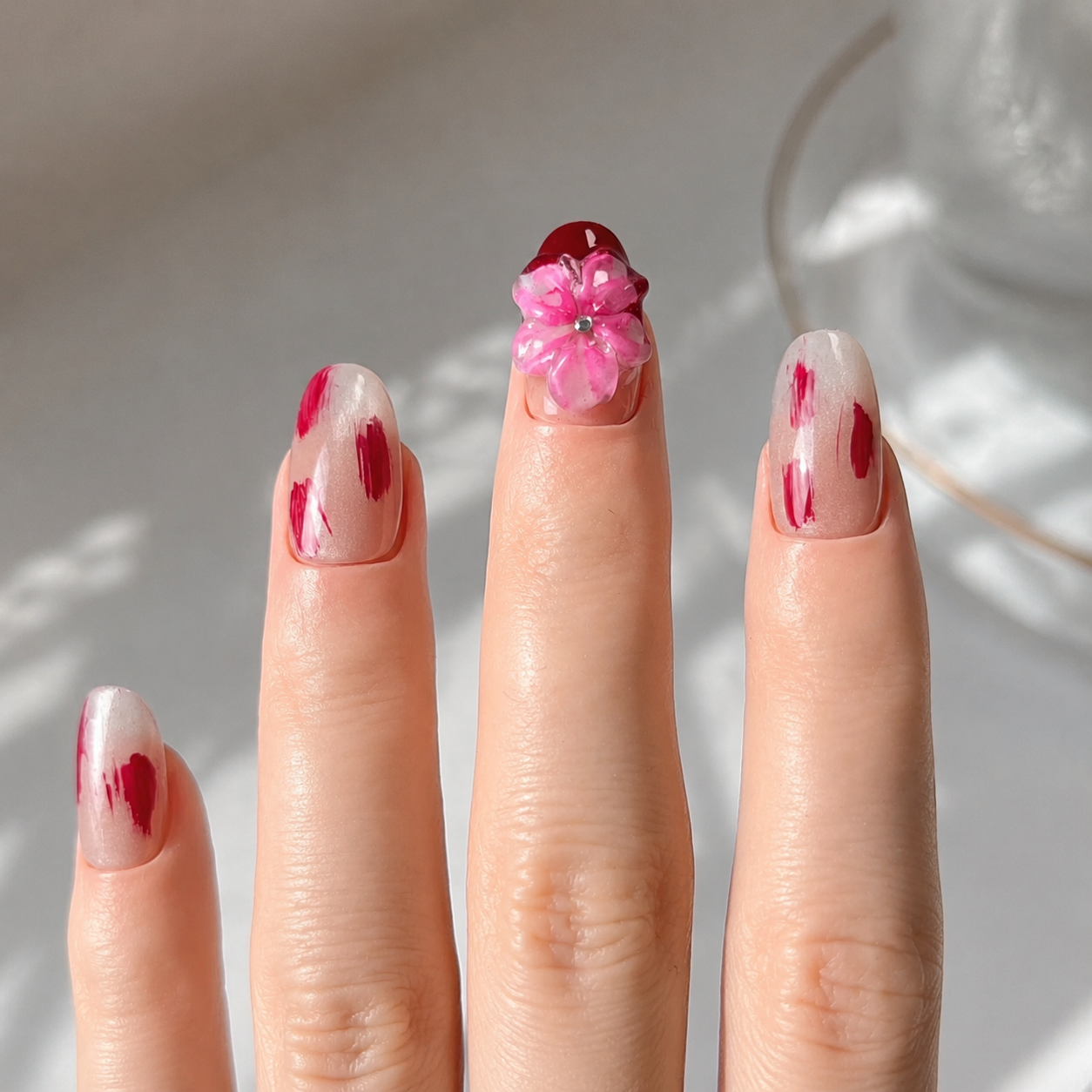 Handmade short almond red tones nails with cat eye and 3d flower-Crimson Brush Bloom A006
