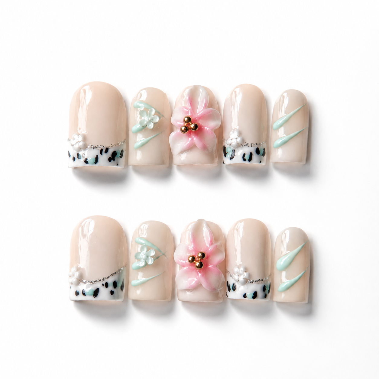 Handmade short square nail with cute flower and french edge-Petal Code A005
