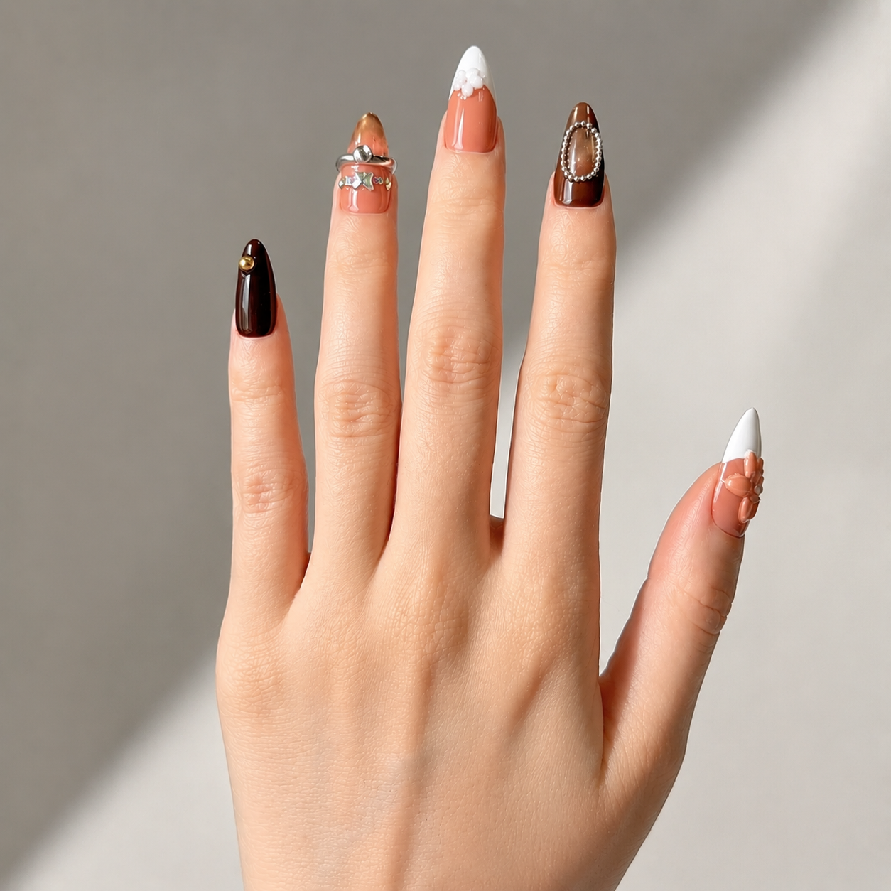 Elegant handmade mocha blossom medium almond nails with cat eye and 3D flower-Amber Atelier A007