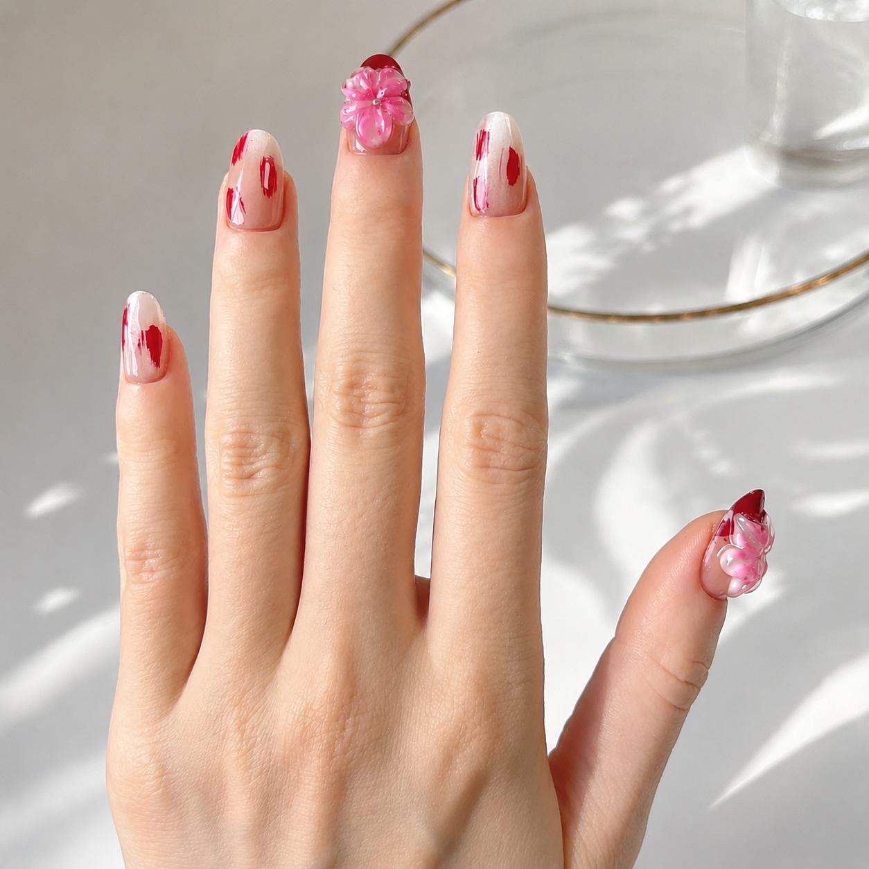 Handmade short almond red tones nails with cat eye and 3d flower-Crimson Brush Bloom A006