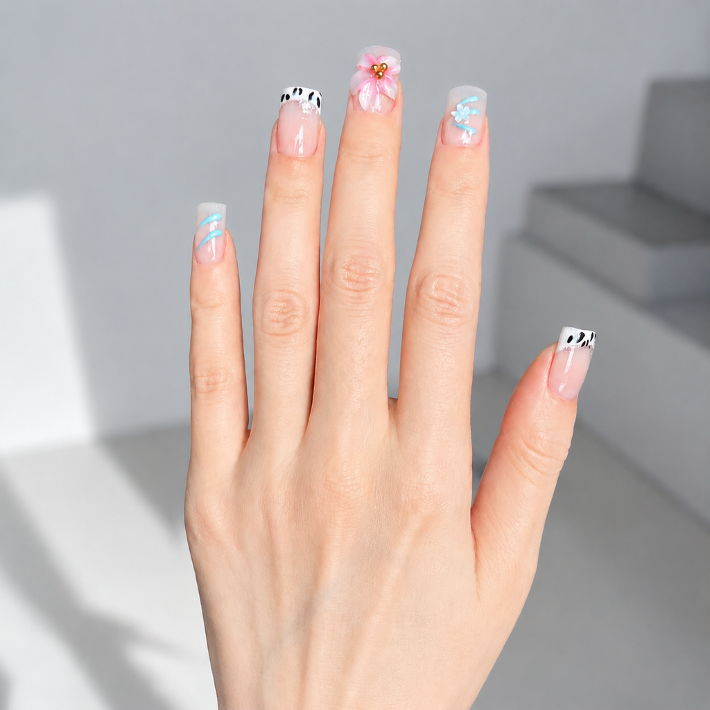 Handmade short square nail with cute flower and french edge-Petal Code A005