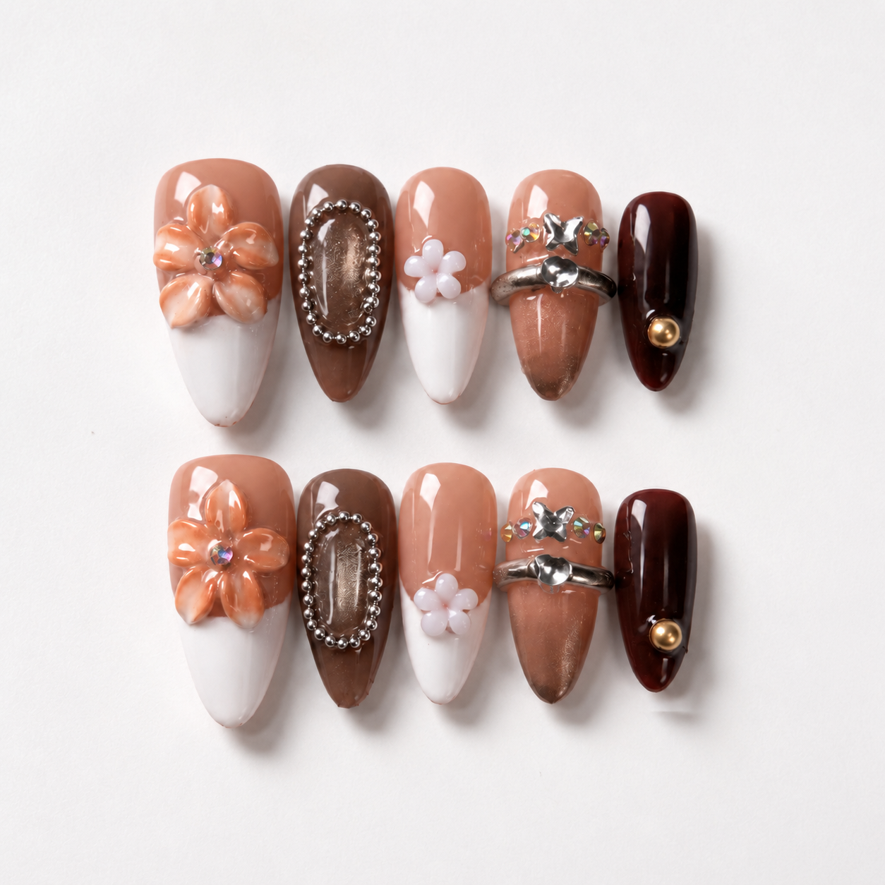 Elegant handmade mocha blossom medium almond nails with cat eye and 3D flower-Amber Atelier A007
