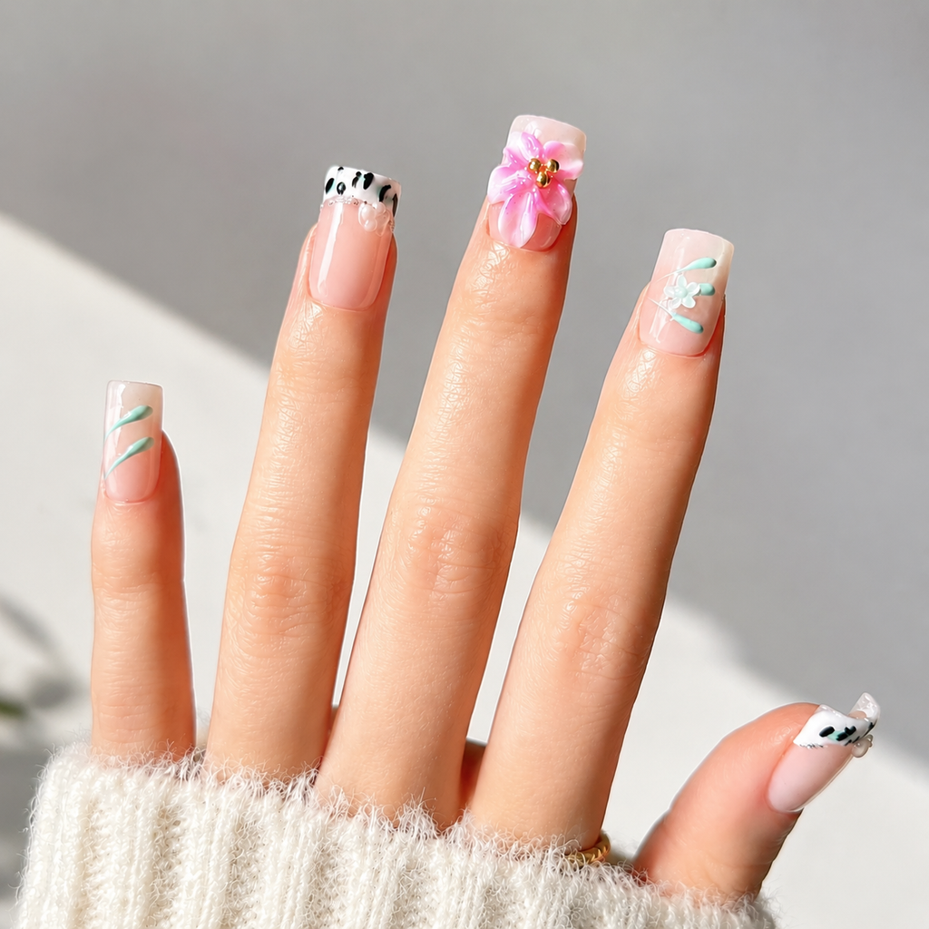 Handmade short square nail with cute flower and french edge-Petal Code A005