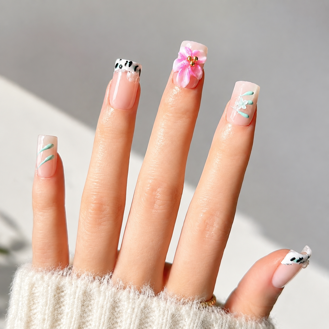 Handmade short square nail with cute flower and french edge-Petal Code A005