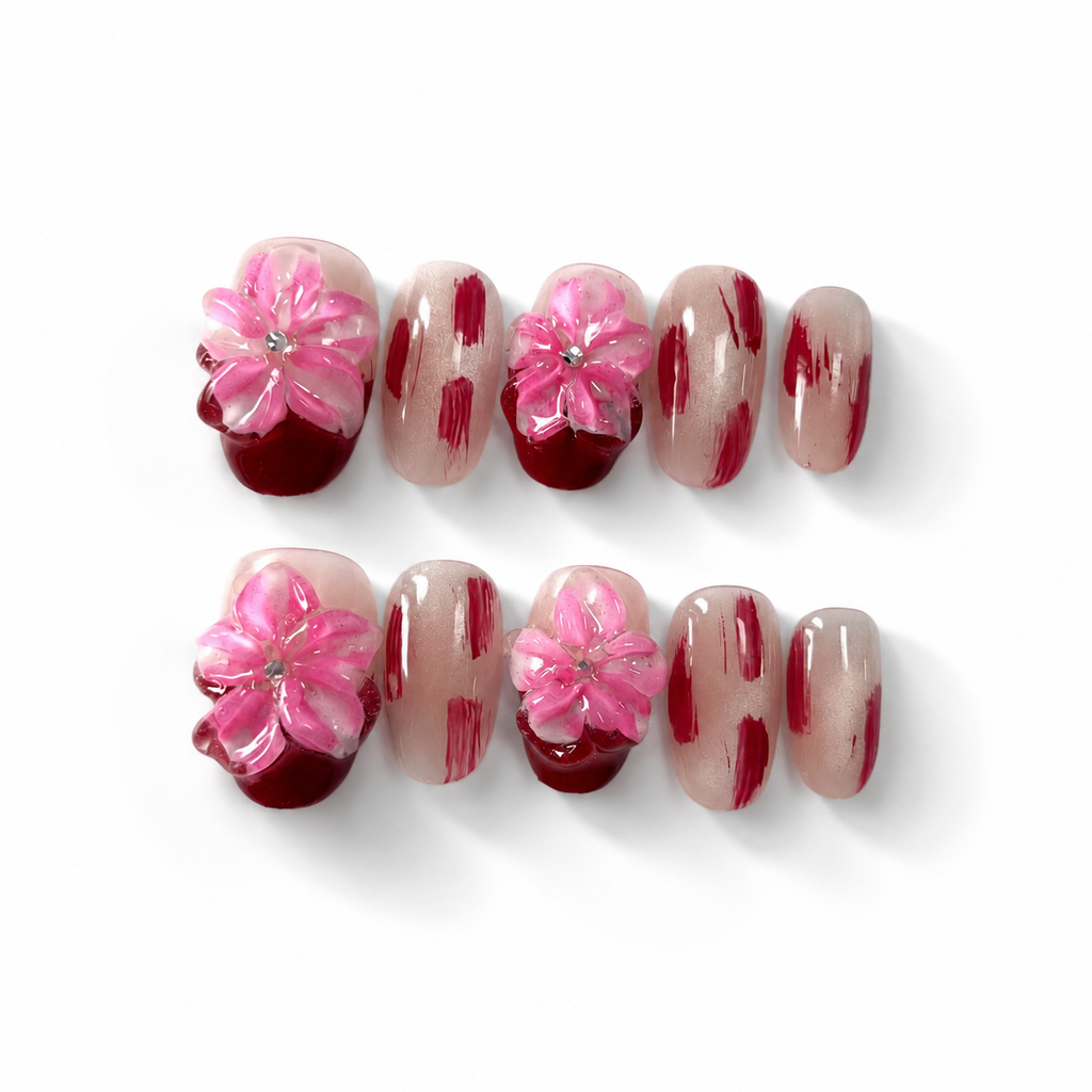 Handmade short almond red tones nails with cat eye and 3d flower-Crimson Brush Bloom A006