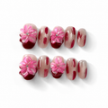 Handmade short almond red tones nails with cat eye and 3d flower-Crimson Brush Bloom A006