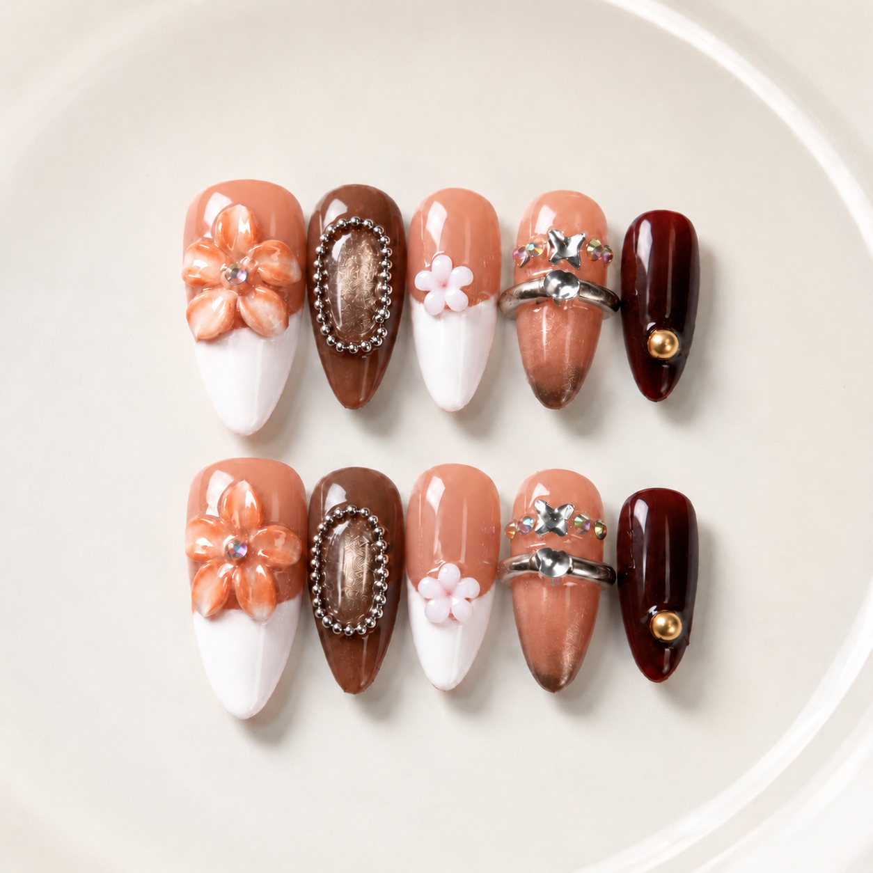 Elegant handmade mocha blossom medium almond nails with cat eye and 3D flower-Amber Atelier A007