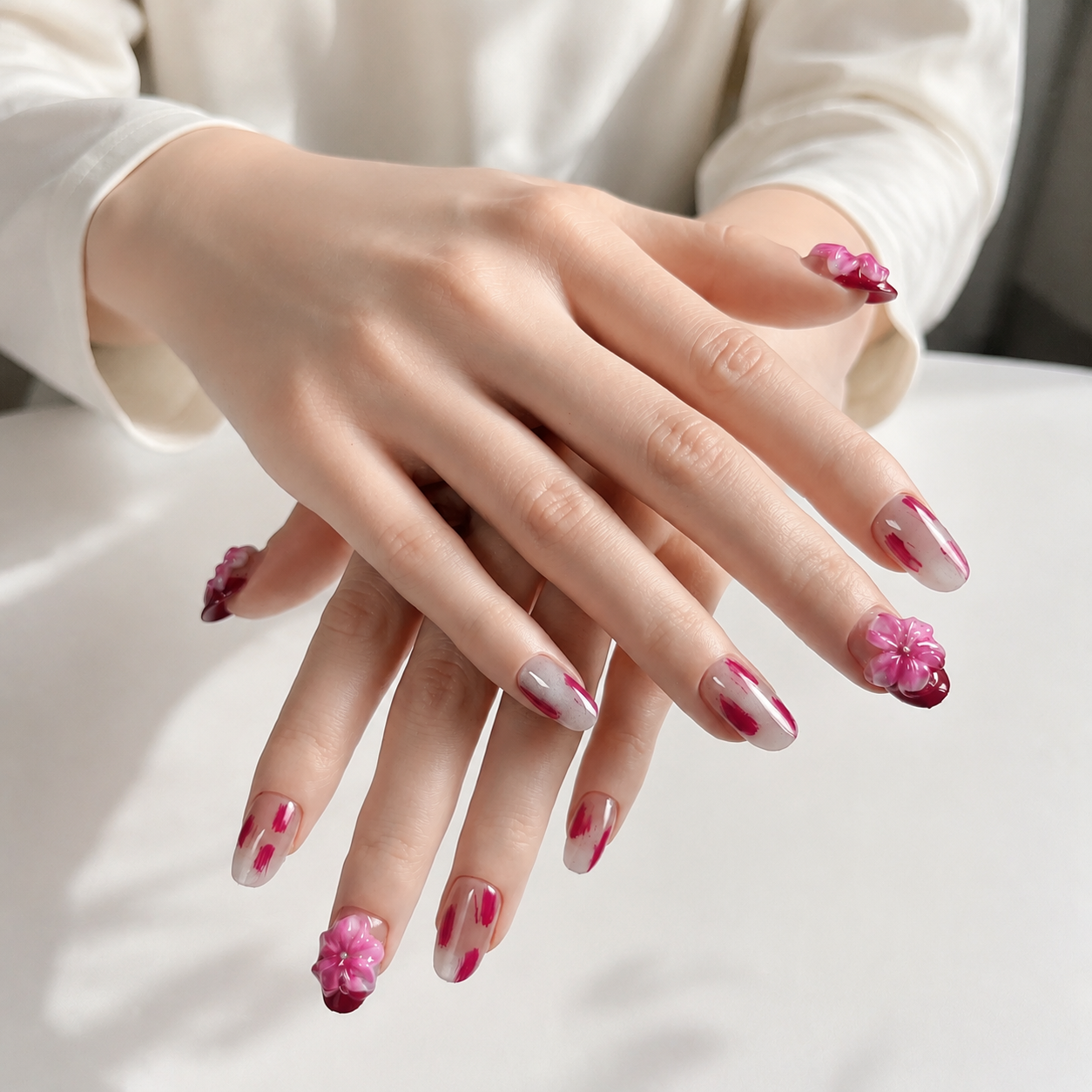 Handmade short almond red tones nails with cat eye and 3d flower-Crimson Brush Bloom A006