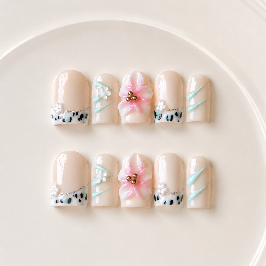 Handmade short square nail with cute flower and french edge-Petal Code A005