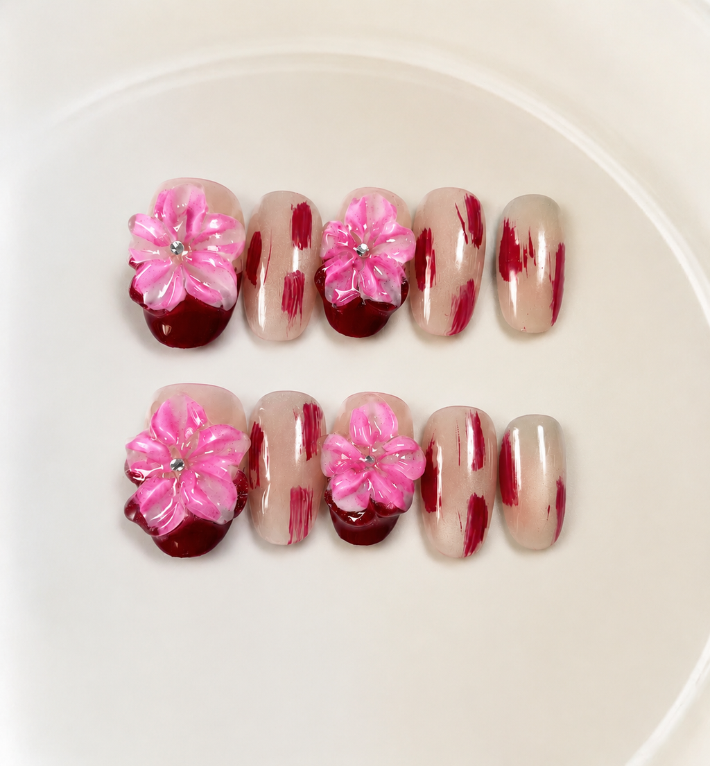 Handmade short almond red tones nails with cat eye and 3d flower-Crimson Brush Bloom A006