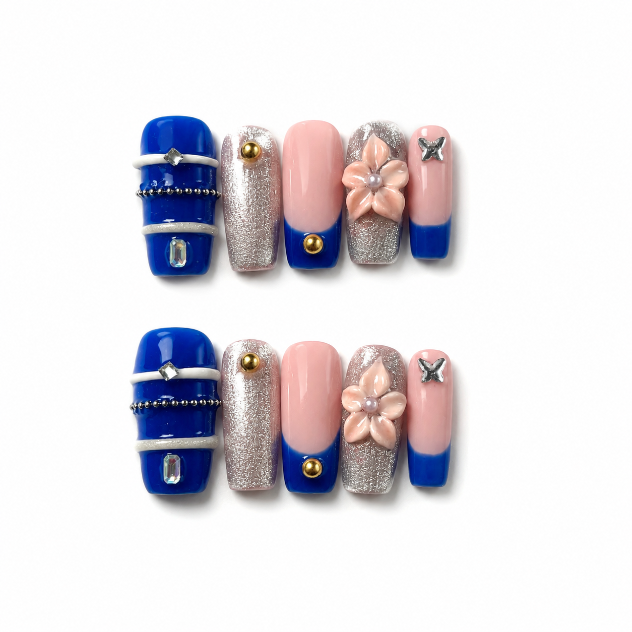 Handmade royal blue & silver glam with 3D flower medium coffin nails gold accent design-Blue Bloom A016