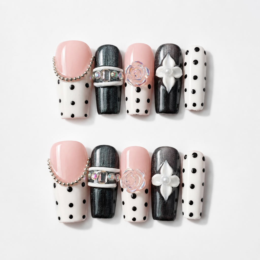 Handmade black & pink polka dot press on nails with 3D flower & rhinestone chain design  medium coffin false nails-Polka Noir Floral A014