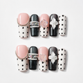 Handmade black & pink polka dot press on nails with 3D flower & rhinestone chain design  medium coffin false nails-Polka Noir Floral A014