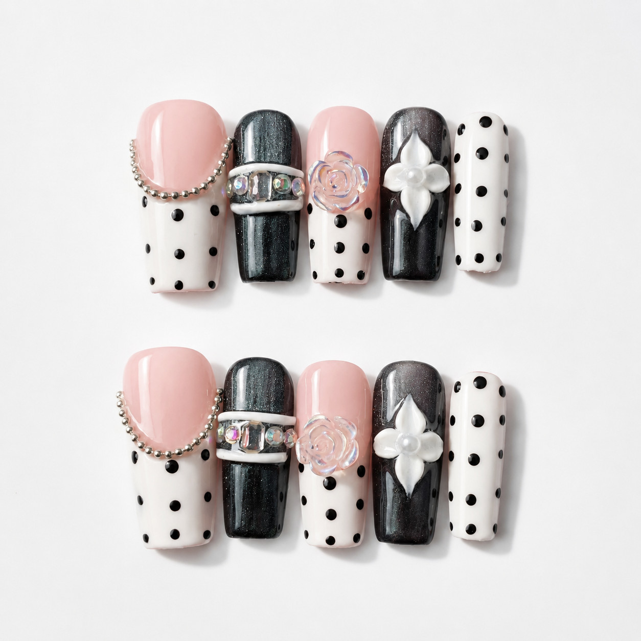 Handmade black & pink polka dot press on nails with 3D flower & rhinestone chain design  medium coffin false nails-Polka Noir Floral A014