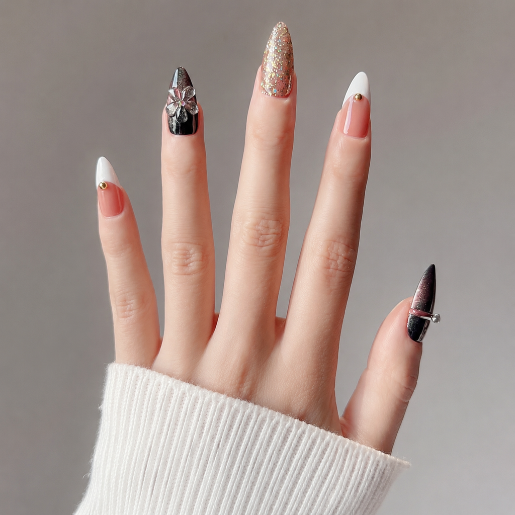 -Handmade espresso brown & black with 3D floral design, glitter gradient & gold accent medium almond nailsMocha Noir A015