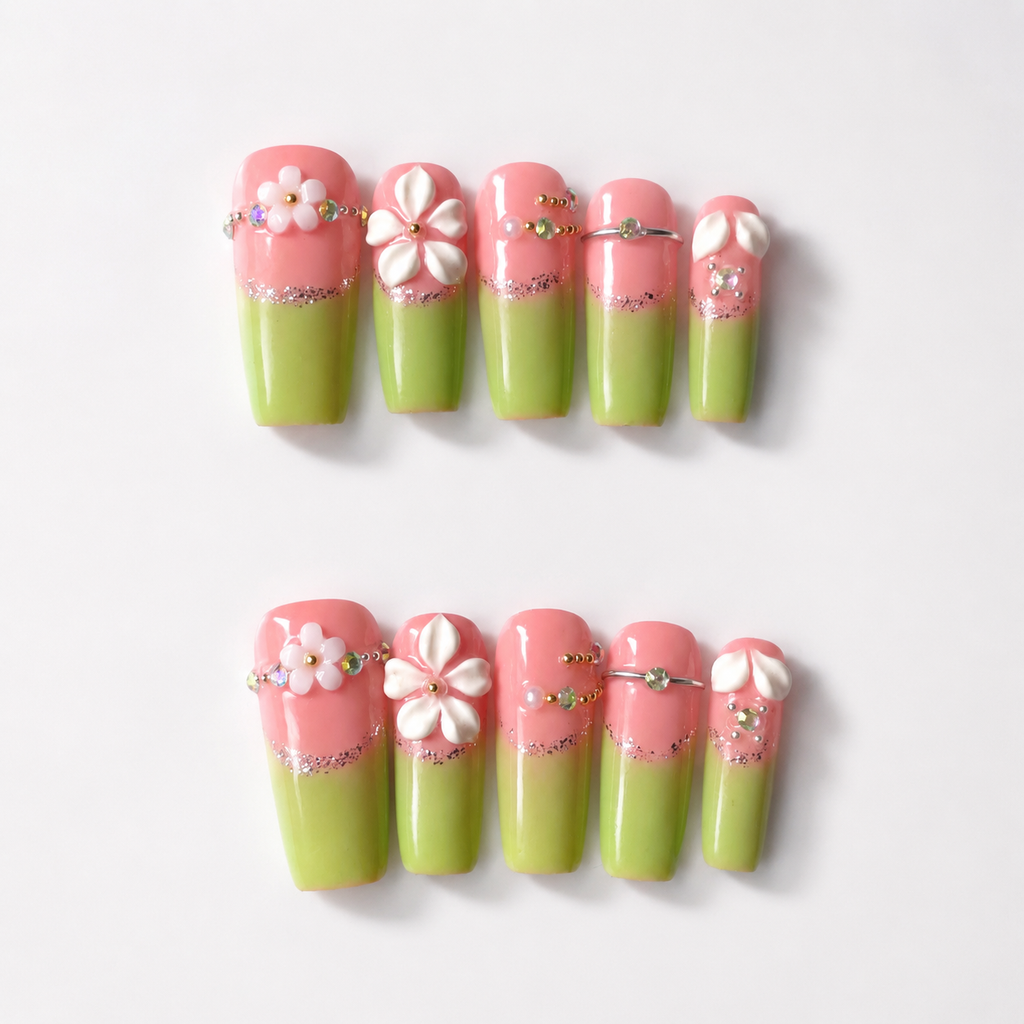 Handmade medium coffin neon pink & lime green Press with 3D floral rhinestone summer nails-Green party A011