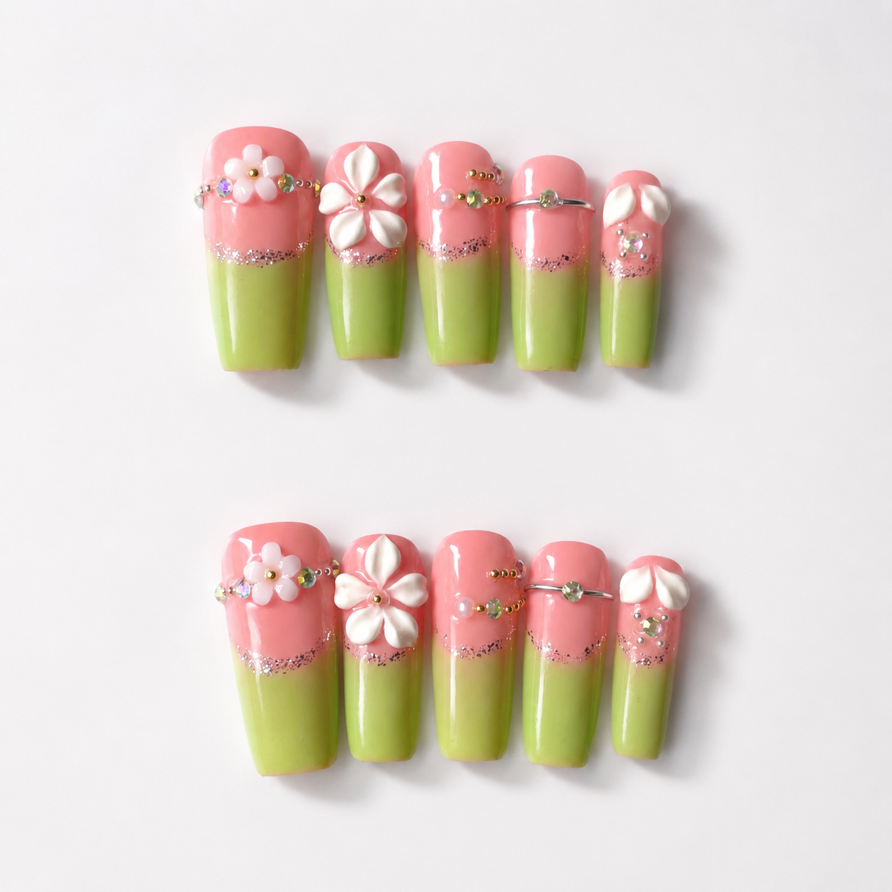 Handmade medium coffin neon pink & lime green Press with 3D floral rhinestone summer nails-Green party A011