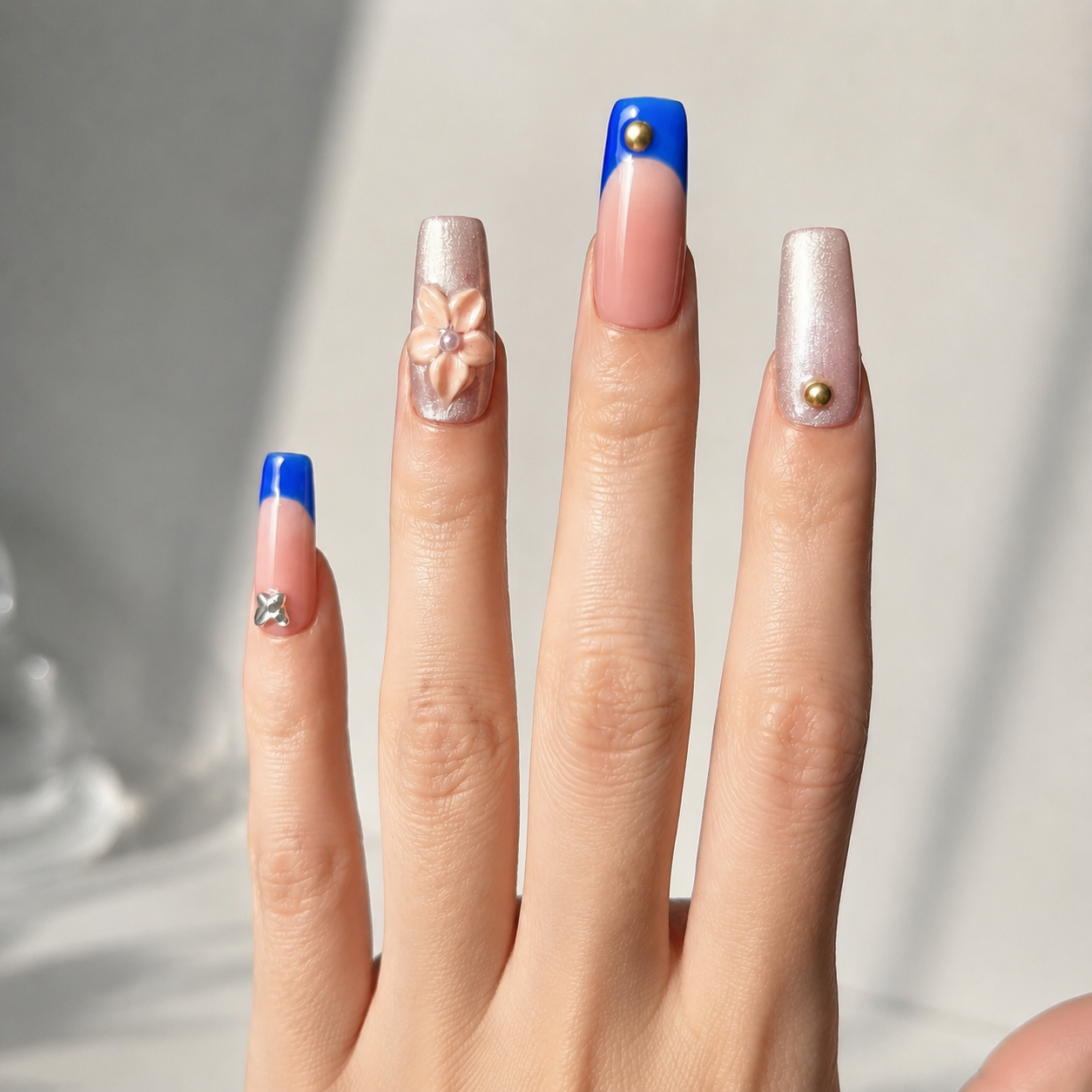 Handmade royal blue & silver glam with 3D flower medium coffin nails gold accent design-Blue Bloom A016