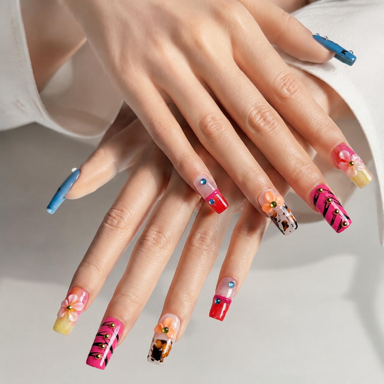 Handmade medium coffin floral rhinestone glitter blue pink design acrylic nails full cover nails-Neon Mosaic A017