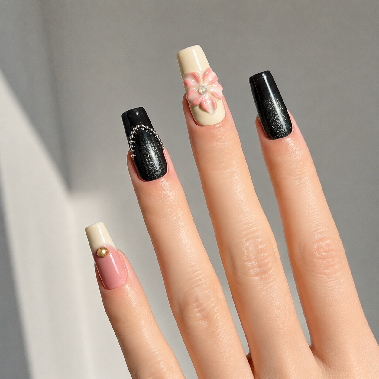 Vintage handmade medium coffin black cat eye& nude press on nails – 3D floral Pearl chain design-Rosé Nocturne A012
