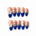 Handmade blue french 3D flower rhinestone medium almond nails-Electric Riviera A009