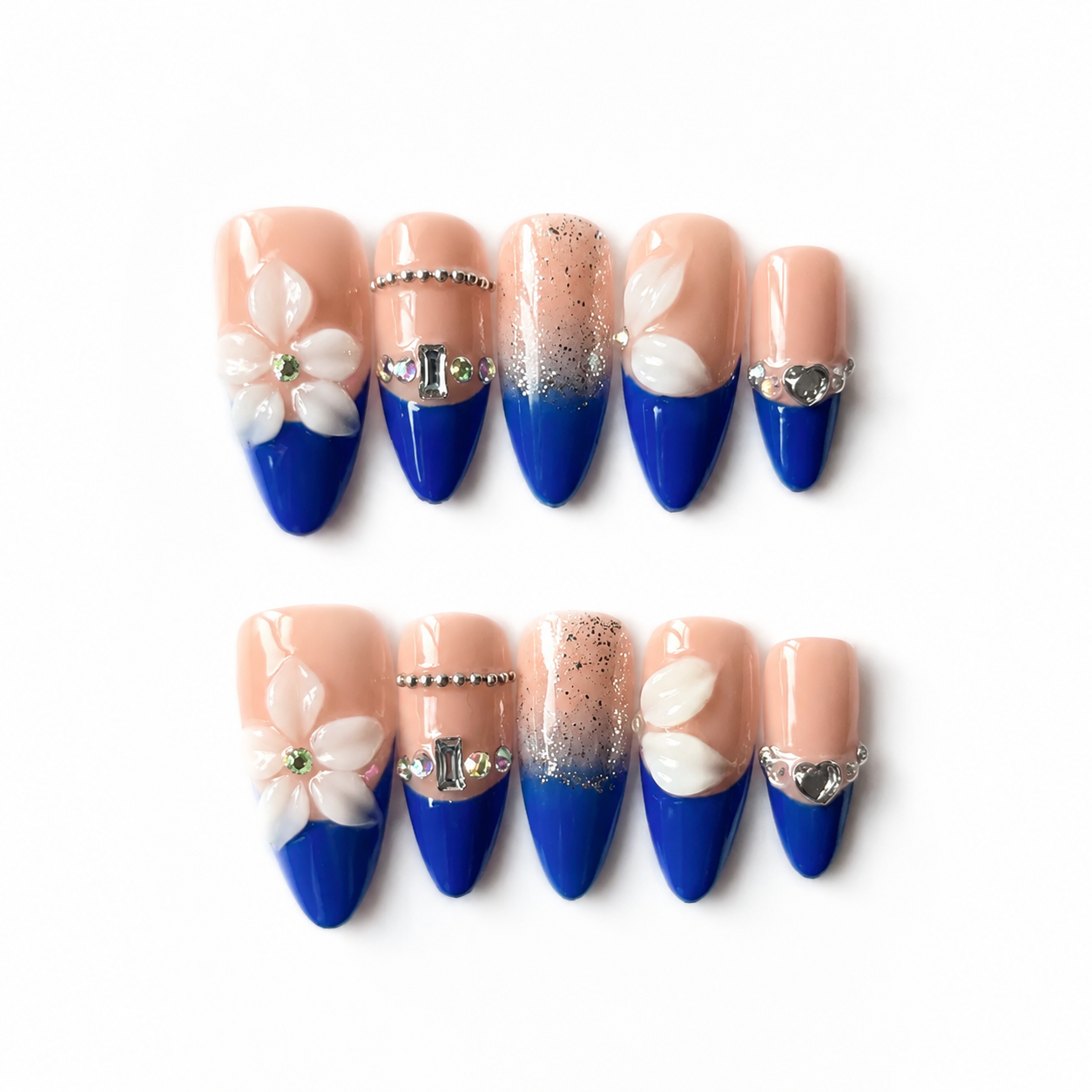Handmade blue french 3D flower rhinestone medium almond nails-Electric Riviera A009