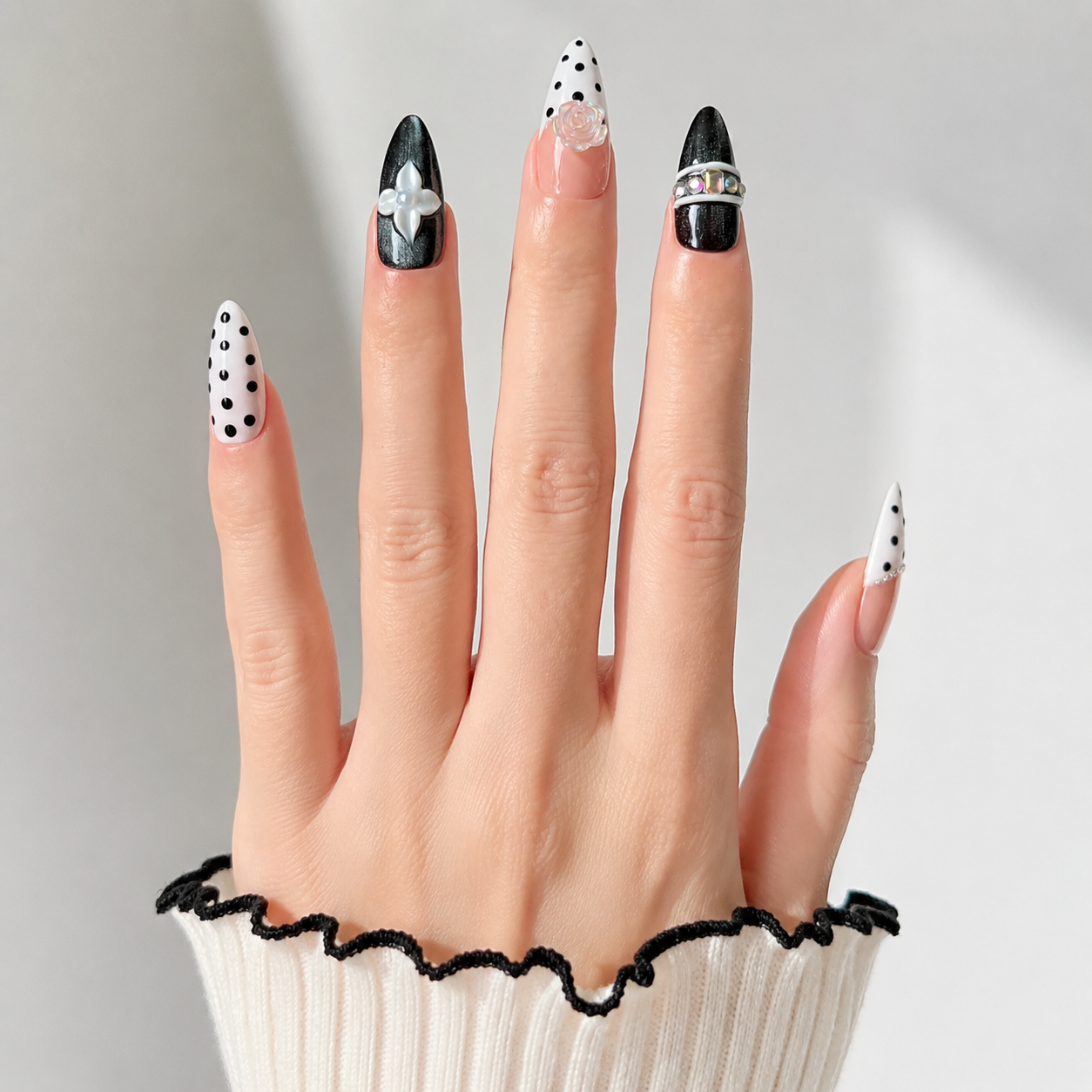 Vintage handmade medium almond black white polka dot nails& pearl flower design with luxury 3D flower