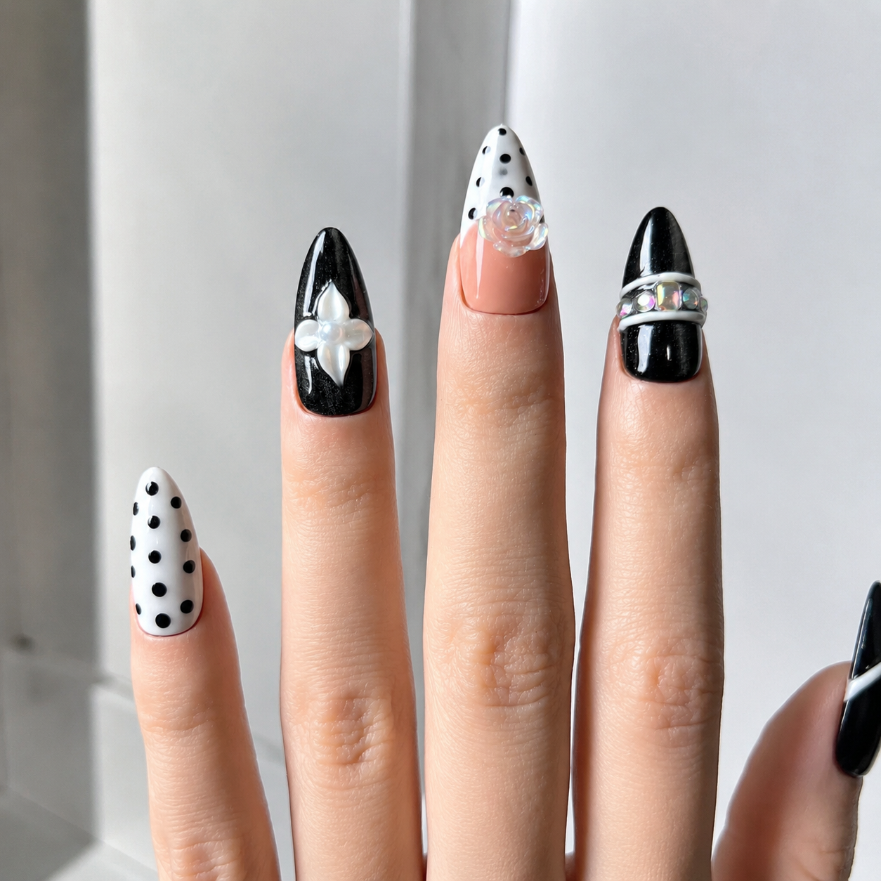 Vintage handmade medium almond black white polka dot nails& pearl flower design with luxury 3D flower