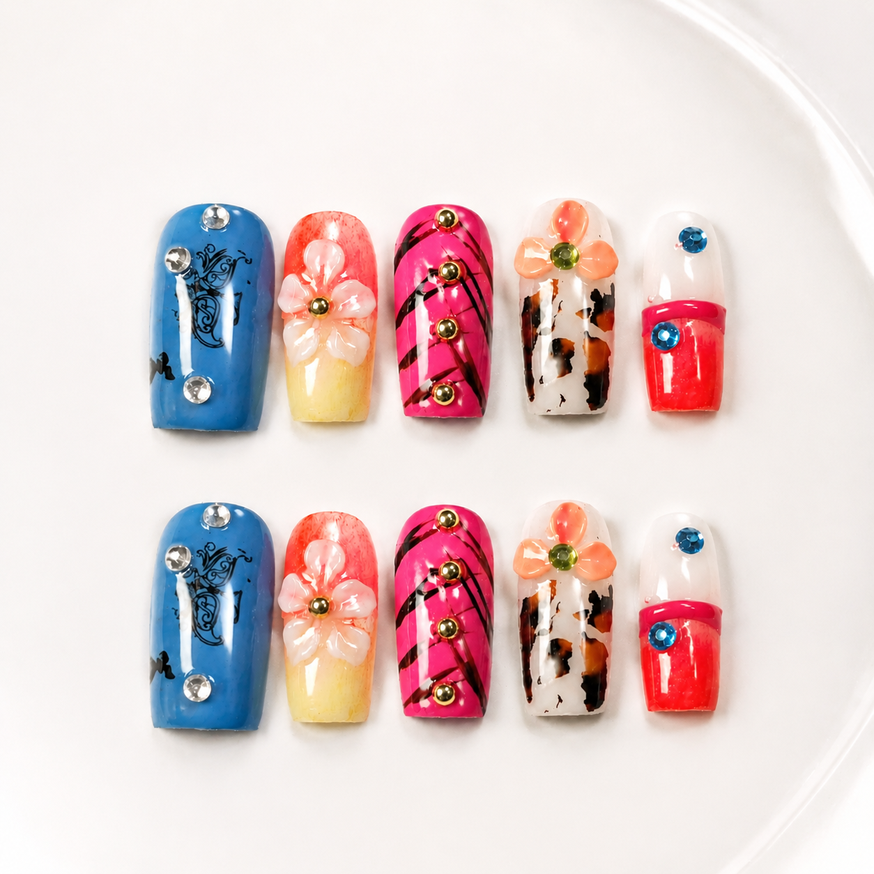 Handmade medium coffin floral rhinestone glitter blue pink design acrylic nails full cover nails-Neon Mosaic A017
