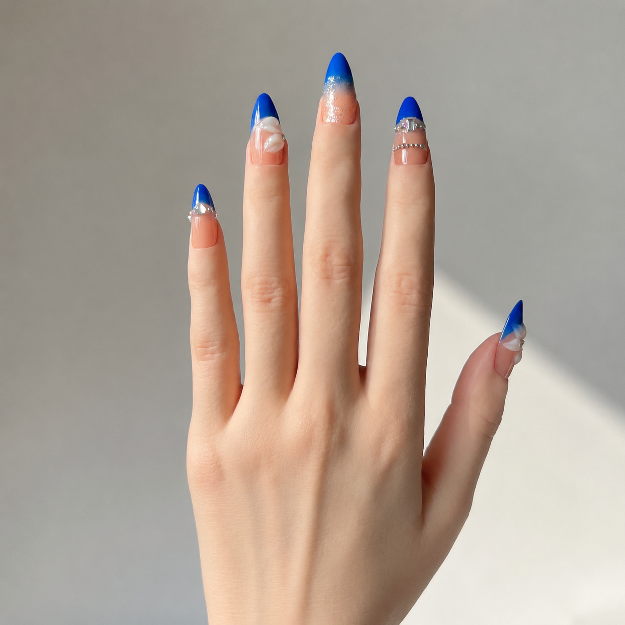 Handmade blue french 3D flower rhinestone medium almond nails-Electric Riviera A009