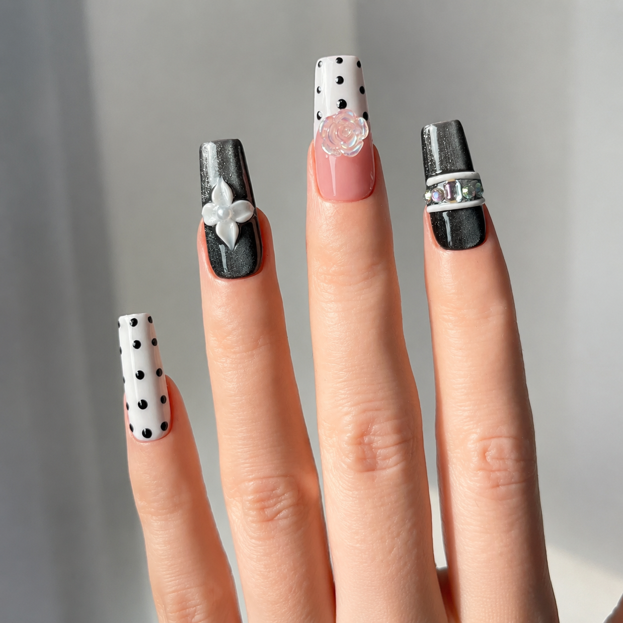 Handmade black & pink polka dot press on nails with 3D flower & rhinestone chain design  medium coffin false nails-Polka Noir Floral A014