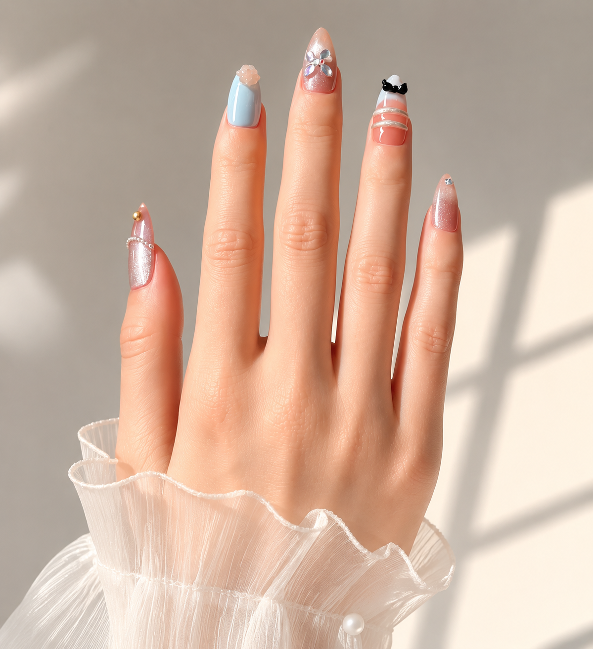 Handmade medium almond peach cat eye & pastel blue with 3D flower bow accent nails-Blue Signal A010