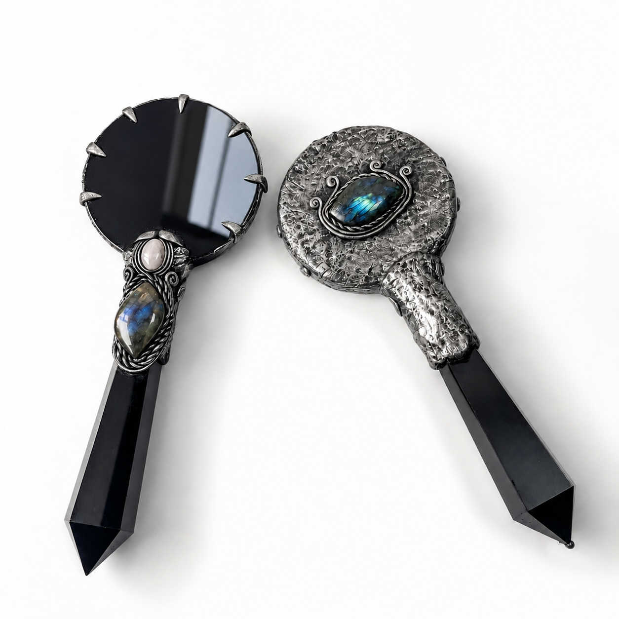 Obsidian crystal hand mirror – labradorite & lepidolite gothic scrying wand mirror C004