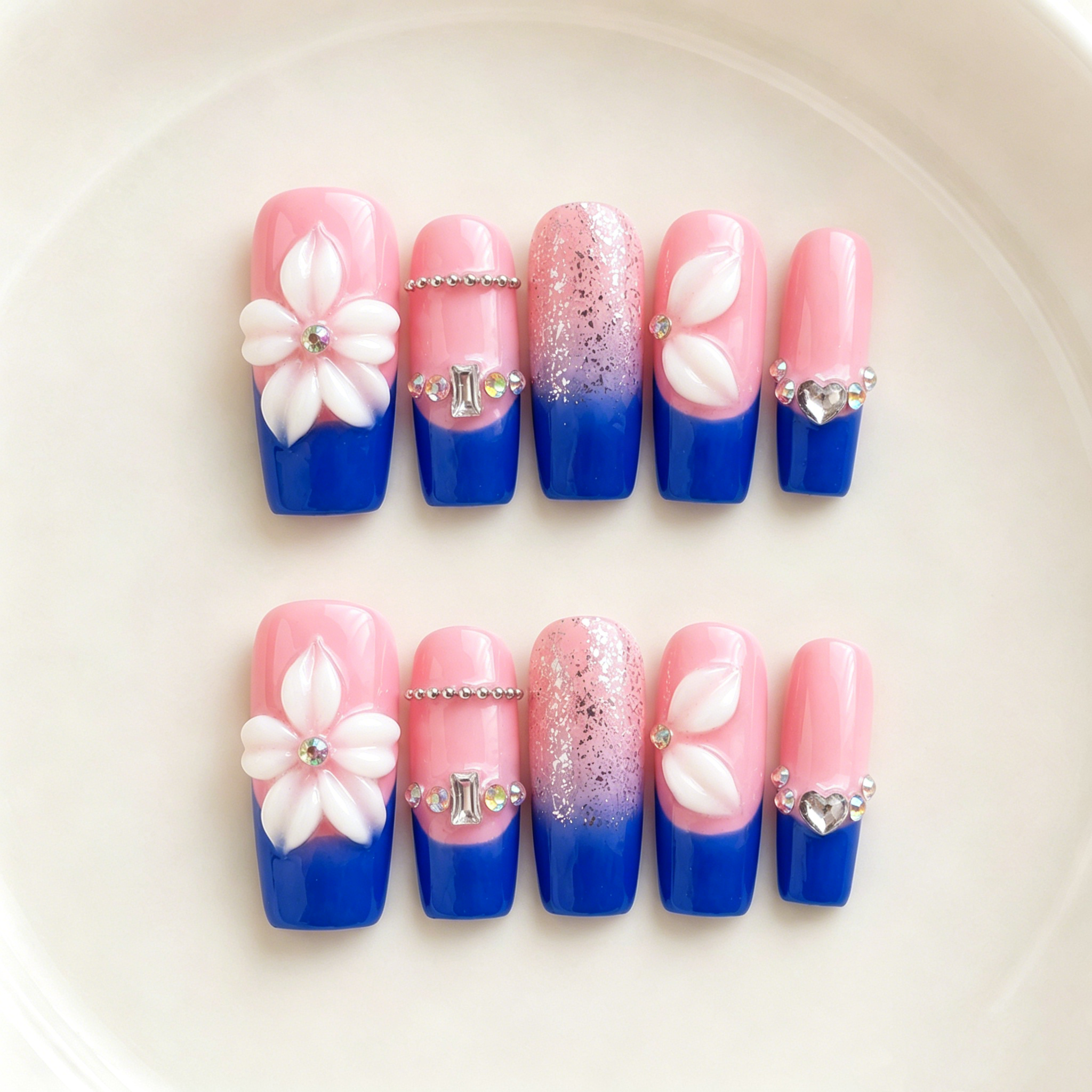 Vintage handmade medium coffin pink blue french tip press on nails floral 3D flower rhinestone coffin false nails-Blue Petal A013