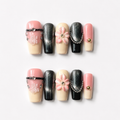 Vintage handmade medium coffin black cat eye& nude press on nails – 3D floral Pearl chain design-Rosé Nocturne A012