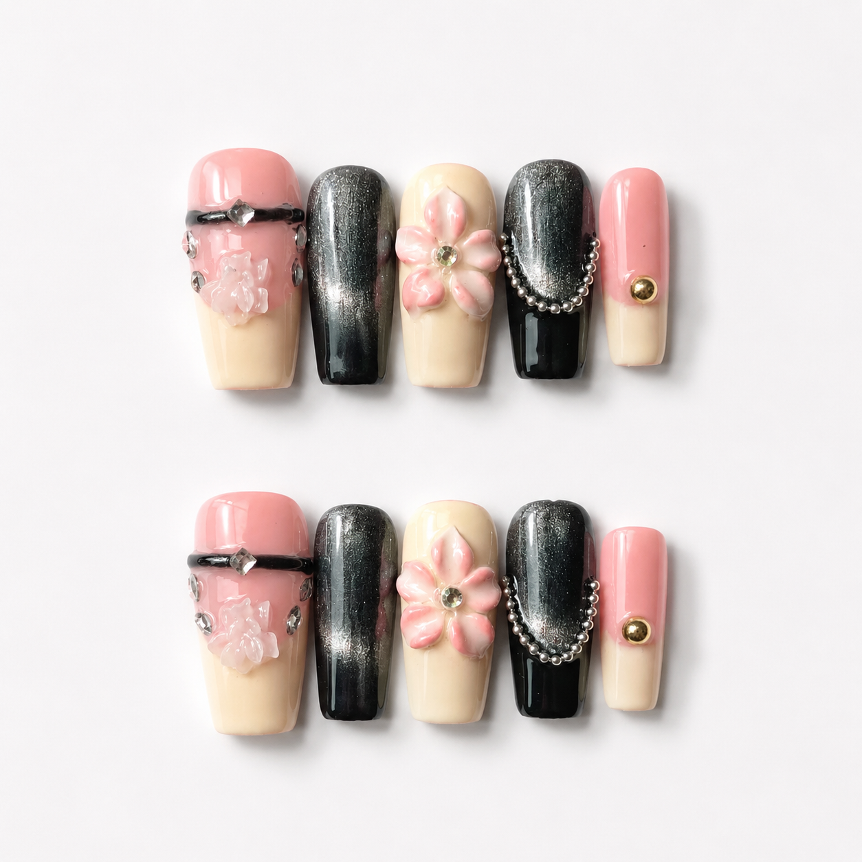 Vintage handmade medium coffin black cat eye& nude press on nails – 3D floral Pearl chain design-Rosé Nocturne A012