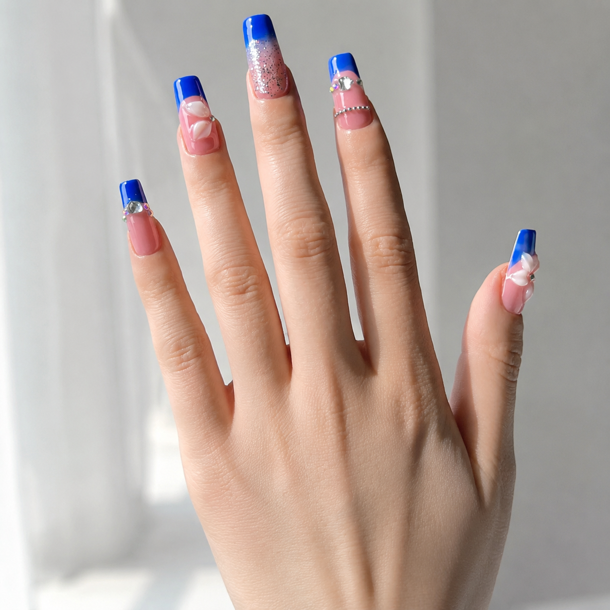 Vintage handmade medium coffin pink blue french tip press on nails floral 3D flower rhinestone coffin false nails-Blue Petal A013