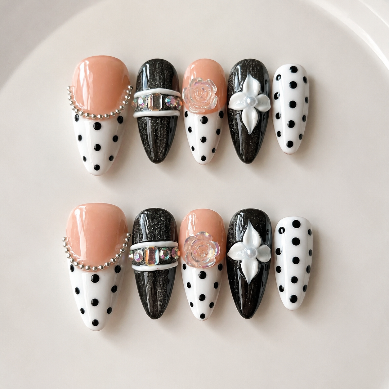 Vintage handmade medium almond black white polka dot nails& pearl flower design with luxury 3D flower