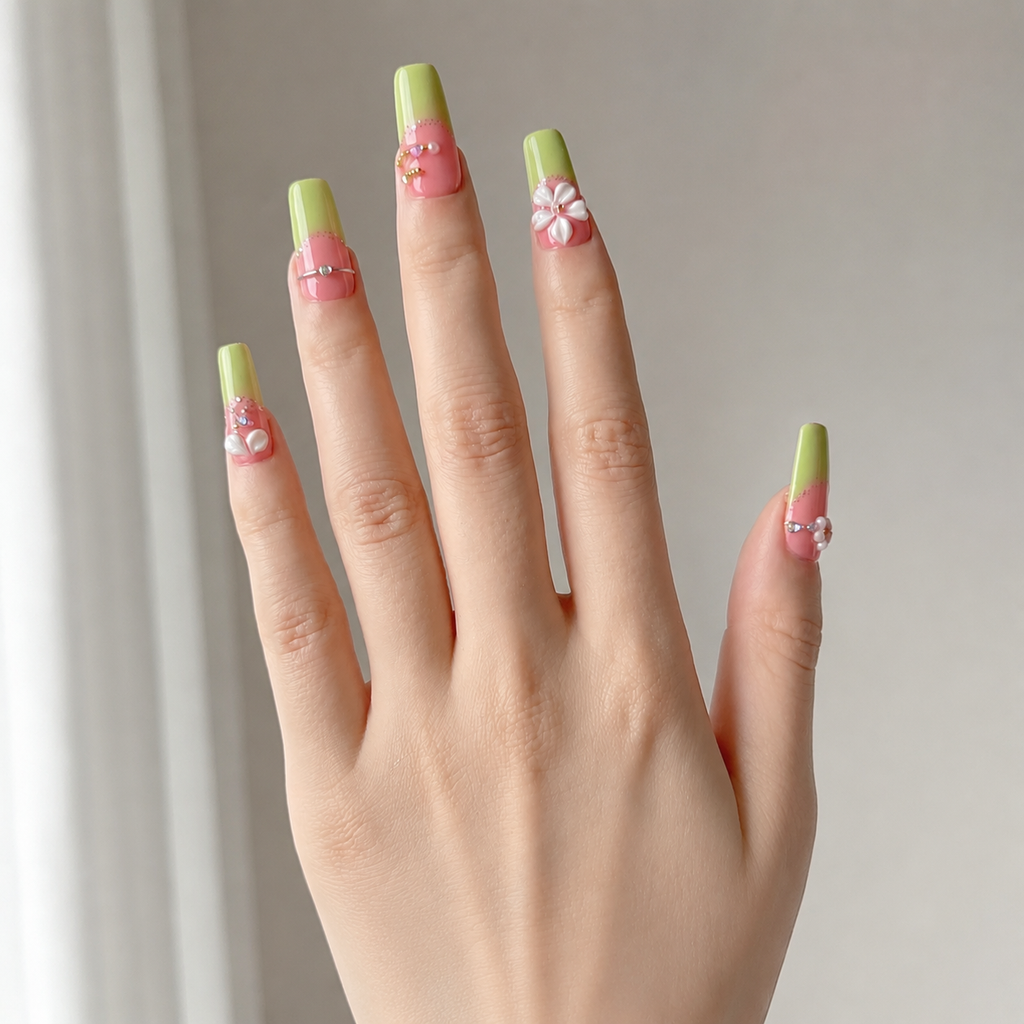 Handmade medium coffin neon pink & lime green Press with 3D floral rhinestone summer nails-Green party A011