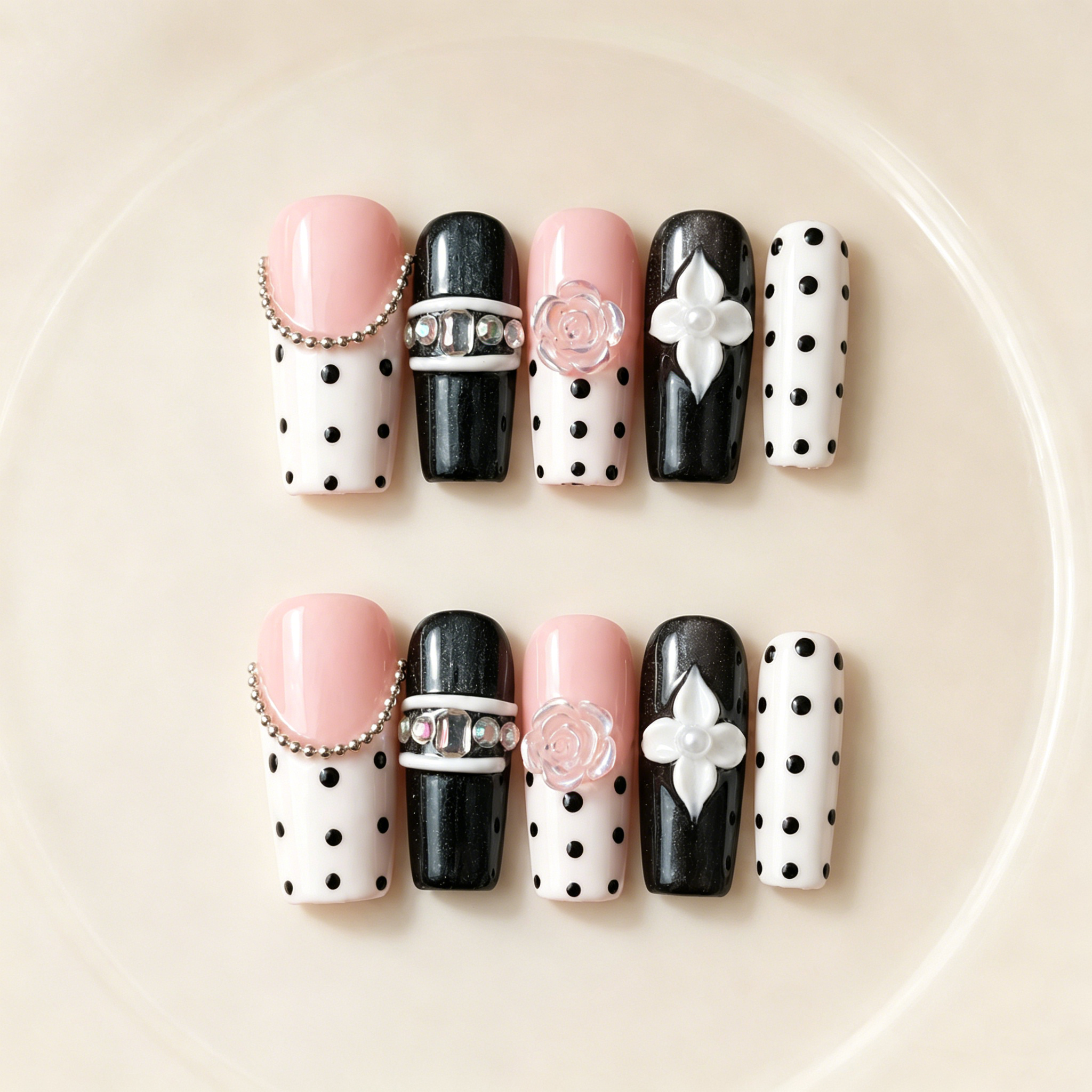 Handmade black & pink polka dot press on nails with 3D flower & rhinestone chain design  medium coffin false nails-Polka Noir Floral A014