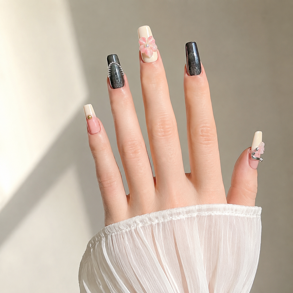Vintage handmade medium coffin black cat eye& nude press on nails – 3D floral Pearl chain design-Rosé Nocturne A012
