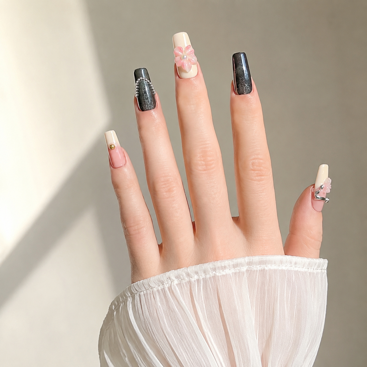 Vintage handmade medium coffin black cat eye& nude press on nails – 3D floral Pearl chain design-Rosé Nocturne A012