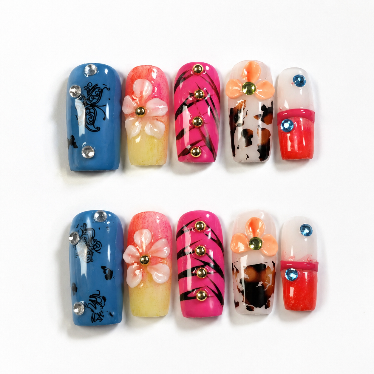 Handmade medium coffin floral rhinestone glitter blue pink design acrylic nails full cover nails-Neon Mosaic A017