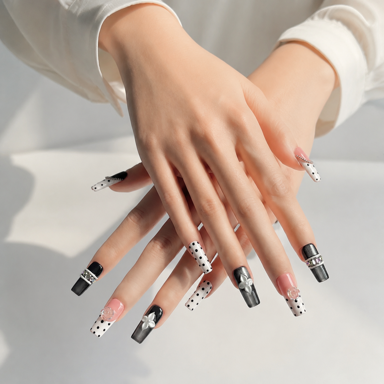 Handmade black & pink polka dot press on nails with 3D flower & rhinestone chain design  medium coffin false nails-Polka Noir Floral A014